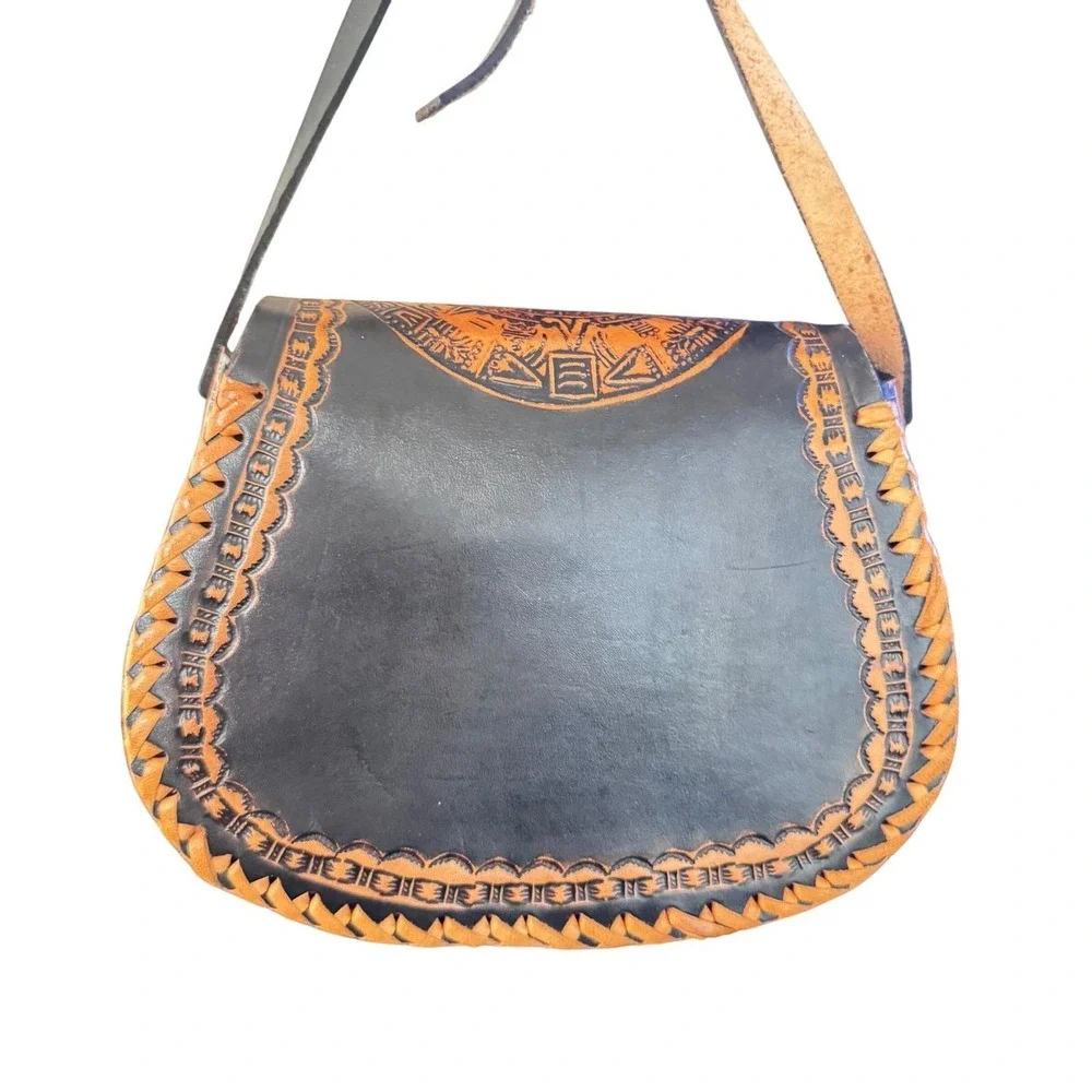 Vintage HandTooled‎ Leather Crossbody Mexico Aztec Mayan Calendar Boho Preloved